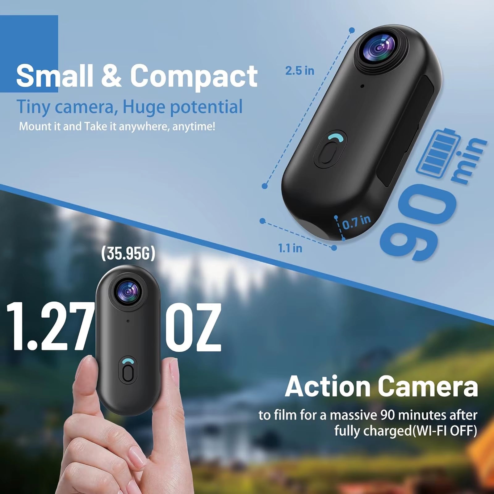 4K Waterptoor Thumb Pocket Small Action POV Camera WI-FI Live Stream Mini Body Camera Black 128GB Wearable Battery Cop Cam